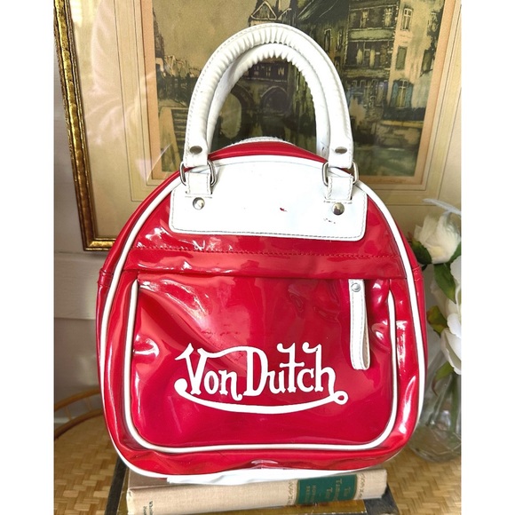 Von Dutch Handbags - Von Dutch Vintage Y2K Red Patent Bowling Bag Purse White Trim